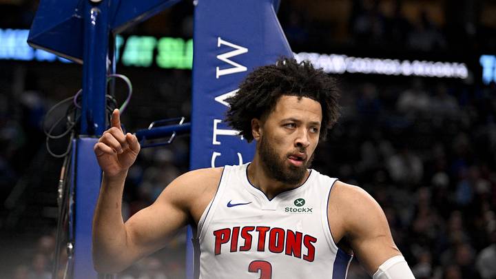 Dec 18, 2025; Dallas, Texas, USA; Detroit Pistons guard Cade Cunningham (2) celebrates after scoring against the Dallas Mavericks during the second half at the American Airlines Center. Mandatory Credit: Jerome Miron-Imagn Images