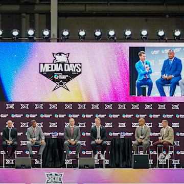 Jul 8, 2025; Frisco, TX, USA; The Coaches Roundtable during 2025 Big 12 Football Media Days at The Star. Mandatory Credit: Raymond Carlin III-Imagn Images