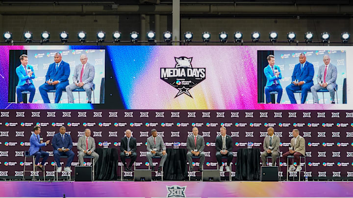 Jul 8, 2025; Frisco, TX, USA; The Coaches Roundtable during 2025 Big 12 Football Media Days at The Star. Mandatory Credit: Raymond Carlin III-Imagn Images Jul 8, 2025; Frisco, TX, USA; The Coaches Roundtable during 2025 Big 12 Football Media Days at The Star. Mandatory Credit: Raymond Carlin III-Imagn Images