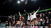Mar 8, 2025; Kansas City, MO, USA; The Oklahoma State Cowgirls bench celebrates after a play against the Baylor Lady Bears in the second half at T-Mobile Center. Mandatory Credit: Amy Kontras-Imagn Images