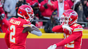 Dec 21, 2024; Kansas City, Missouri, USA; Kansas City Chiefs cornerback Joshua Williams (2) celebrates with cornerback Trent McDuffie (22) after a sack against the Houston Texans during the second half at GEHA Field at Arrowhead Stadium. Mandatory Credit: Denny Medley-Imagn Images
