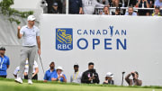 Nick Taylor reacts as he sinks a birdie putt on the 18th green to take the lead during the final round of the 2023 RBC Canadian Open.