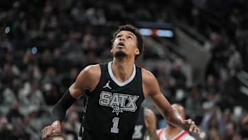 Dec 31, 2024; San Antonio, Texas, USA;  San Antonio Spurs center Victor Wembanyama (1) looks up in the first half against the LA Clippers at Frost Bank Center. Mandatory Credit: Daniel Dunn-Imagn Images