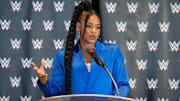 WWE wrestler Bianca Belair speaks at a press conference hosted by WWE and the Indianapolis Sports Corp on Monday, June 24, 2024, in Gainbridge Fieldhouse. Announcements included that Indianapolis will host the Royal Rumble 2025, Summer Slam and WrestleMania.