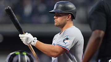 Sep 16, 2025; Denver, Colorado, USA; Miami Marlins center fielder Jakob Marsee (87) at the plate in the first inning against the Colorado Rockies at Coors Field.