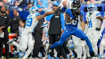Indianapolis Colts wide receiver Ashton Dulin (16) makes a catch in front of Detroit Lions cornerback Kindle Vildor (29) on Sunday, Nov. 24, 2024, during a game against the Detroit Lions at Lucas Oil Stadium in Indianapolis.