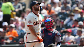 Aug 10, 2025; San Francisco, California; San Francisco Giants second baseman Casey Schmitt (10) walks to the dugout after striking out against the Washington Nationals during the seventh inning at Oracle Park. 