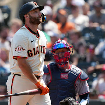 Aug 10, 2025; San Francisco, California; San Francisco Giants second baseman Casey Schmitt (10) walks to the dugout after striking out against the Washington Nationals during the seventh inning at Oracle Park. 