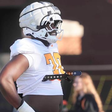 Tennessee offensive lineman David Sanders Jr. (70) during Tennessee football practice, at University of Tennessee, Tuesday, March 25, 2025.