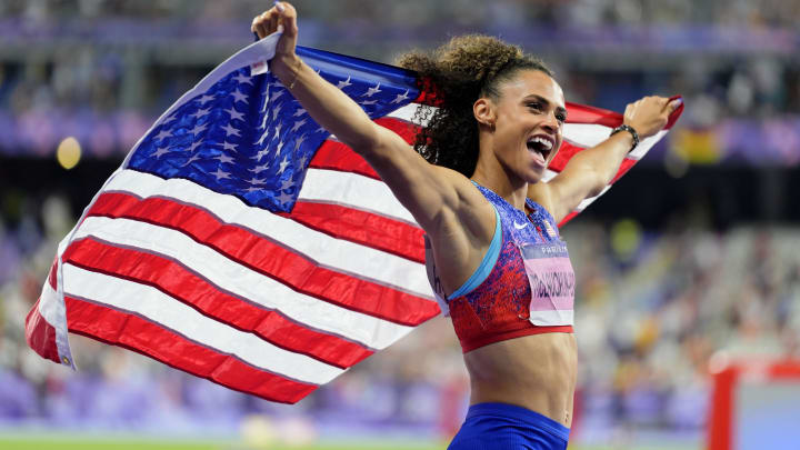 Sydney McLaughlin-Levrone (USA) celebrates after winning the womenís 4x400m relay final during the Paris 2024 Olympic Summer Games at Stade de France. Andrew Nelles-USA TODAY Sports