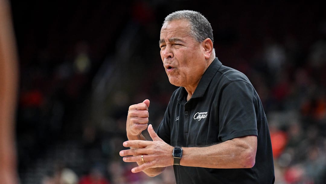 Dec 20, 2025; Newark, New Jersey, USA; Houston Cougars head coach Kelvin Sampson reacts during the first half against the Arkansas Razorbacks at Prudential Center. Mandatory Credit: John Jones-Imagn Images