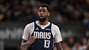 Feb 12, 2025; Dallas, Texas, USA; Dallas Mavericks forward Naji Marshall (13) in action during the game between the Dallas Mavericks and the Golden State Warriors at the American Airlines Center. Mandatory Credit: Jerome Miron-Imagn Images