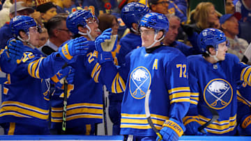 Feb 22, 2025; Buffalo, New York, USA;  Buffalo Sabres center Tage Thompson (72) celebrates his second goal of the game with teammates during the third period against the New York Rangers at KeyBank Center. Mandatory Credit: Timothy T. Ludwig-Imagn Images