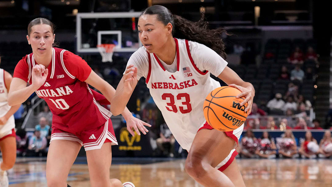 Nebraska forward Amiah Hargrove (33) gets past Indiana Hoosiers guard Shay Ciezki (10) at the Big Ten Tournament.