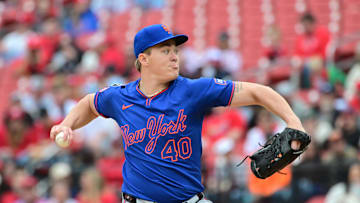 May 4, 2025; St. Louis, Missouri, USA; New York Mets pitcher Blade Tidwell (40) makes his debut pitching appearance against the St. Louis Cardinals at Busch Stadium. Mandatory Credit: Tim Vizer-Imagn Images