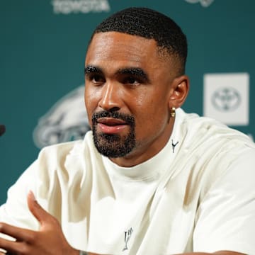 Jun 10, 2025; Philadelphia, PA, USA; Philadelphia Eagles quarterback Jalen Hurts (1) addresses media during a press conference at NovaCare Complex. 