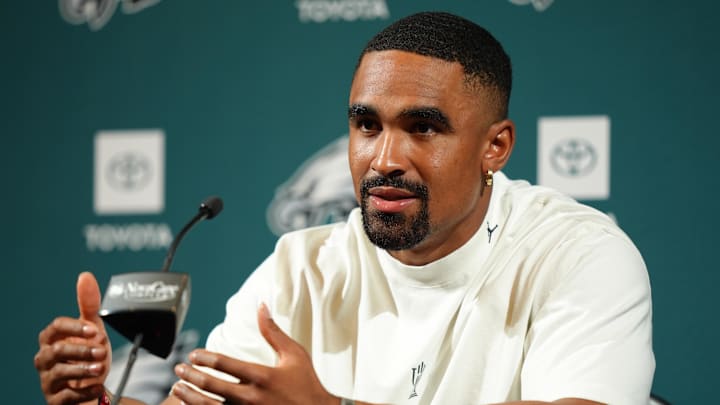 Jun 10, 2025; Philadelphia, PA, USA; Philadelphia Eagles quarterback Jalen Hurts (1) addresses media during a press conference at NovaCare Complex. Mandatory Credit: Kyle Ross-Imagn Images
