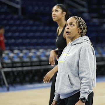 May 25, 2024; Chicago, Illinois, USA; Chicago Sky head coach Teresa Weatherspoon looks on during warmups before a WNBA game against the Connecticut Sun at Wintrust Arena. Mandatory Credit: Kamil Krzaczynski-Imagn Images