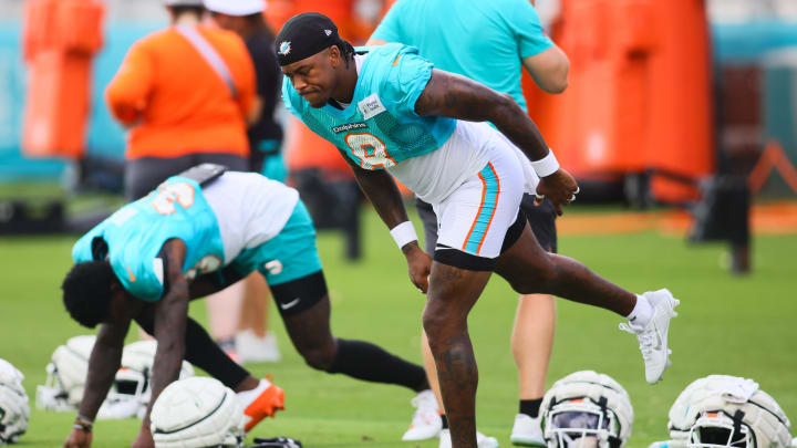 Miami Dolphins safety Jevon Holland (8) works out during a joint practice with the Atlanta Falcons at Baptist Health Training Complex.