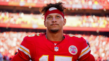 Nov 10, 2024; Kansas City, Missouri, USA; Kansas City Chiefs quarterback Patrick Mahomes (15) speaks to media  after the win over the Denver Broncos at GEHA Field at Arrowhead Stadium. Mandatory Credit: Denny Medley-Imagn Images