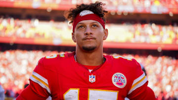 Nov 10, 2024; Kansas City, Missouri, USA; Kansas City Chiefs quarterback Patrick Mahomes (15) speaks to media  after the win over the Denver Broncos at GEHA Field at Arrowhead Stadium. Mandatory Credit: Denny Medley-Imagn Images
