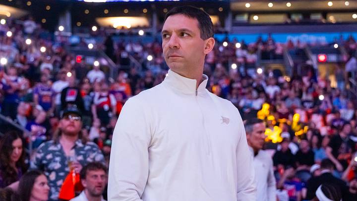 Apr 27, 2026; Phoenix, Arizona, USA; Oklahoma City Thunder head coach Mark Daigneault against the Phoenix Suns during game four of the first round of the 2026 NBA Playoffs at Mortgage Matchup Center. Mandatory Credit: Mark J. Rebilas-Imagn Images