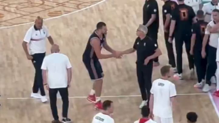 Serbia's Nikola Jokic shakes hands with Germany basketball coach Gordon Herbert after Serbia won the bronze medal at Bercy Arena in the 2024 Paris Olympics on Saturday. 