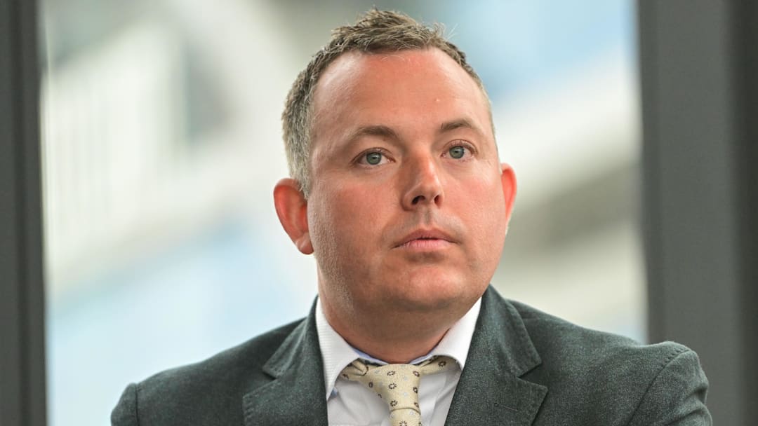 Milwaukee Bucks general manager Jon Horst talks about the hiring of a new head coach at a press conference in Milwaukee on June 6, 2023.