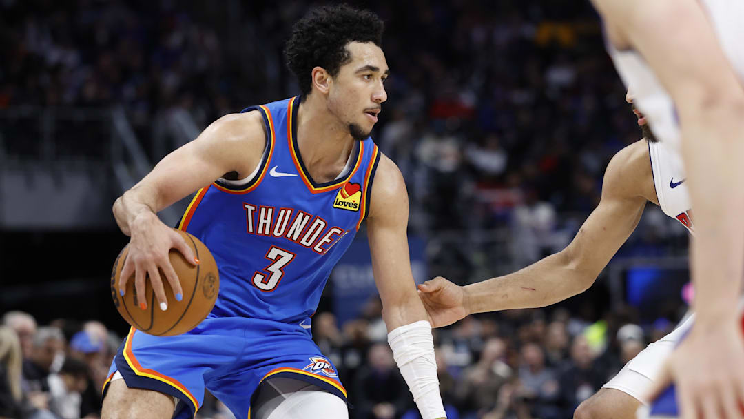 Feb 25, 2026; Detroit, Michigan, USA; Oklahoma City Thunder guard Jared McCain (3) dribbles in the second half against the Detroit Pistons at Little Caesars Arena.