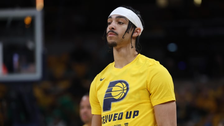 May 25, 2024; Indianapolis, Indiana, USA; Indiana Pacers guard Andrew Nembhard (2) warms up before game three of the eastern conference finals against the Boston Celtics in the 2024 NBA playoffs at Gainbridge Fieldhouse. Mandatory Credit: Trevor Ruszkowski-USA TODAY Sports