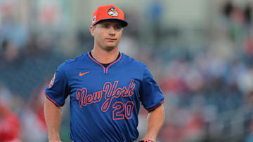 Mar 7, 2025; West Palm Beach, Florida, USA; New York Mets first baseman Pete Alonso (20) looks on from the field against the Washington Nationals during the first inning at CACTI Park of the Palm Beaches. Mandatory Credit: Sam Navarro-Imagn Images