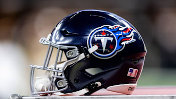 Aug 25, 2024; New Orleans, Louisiana, USA;  Detailed view of the Tennessee Titans helmet against the New Orleans Saints during the first half at Caesars Superdome. Mandatory Credit: Stephen Lew-Imagn Images