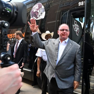 Aug 31, 2024; College Station, Texas, USA; Texas A&M Aggies head coach Mike Elko arrives prior to the game against the Notre Dame Fighting Irish at Kyle Field.