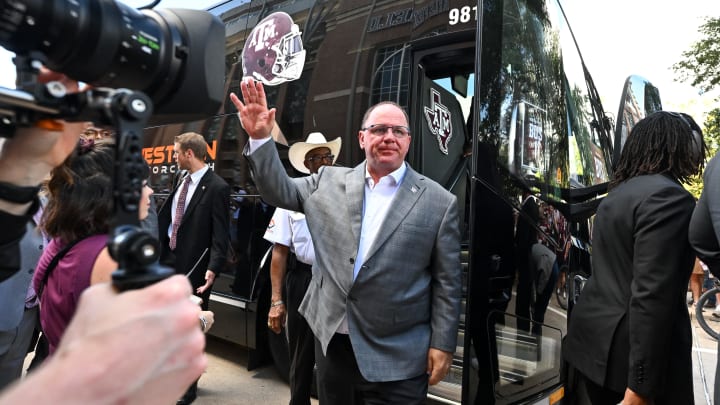 Aug 31, 2024; College Station, Texas, USA; Texas A&M Aggies head coach Mike Elko arrives prior to the game against the Notre Dame Fighting Irish at Kyle Field.