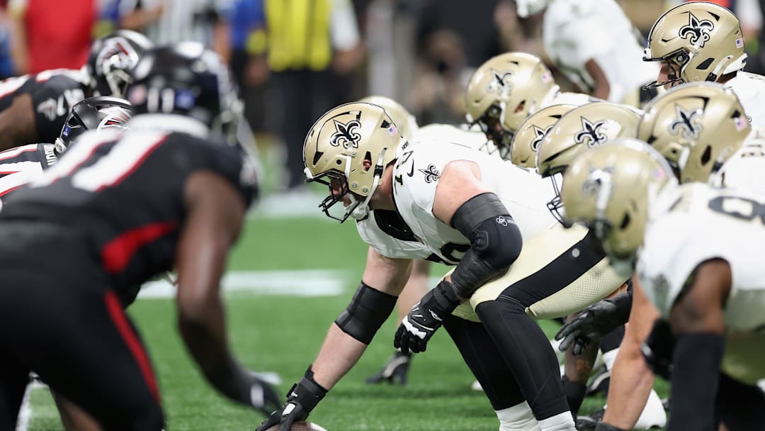 The New Orleans Saints line up to snap the ball against the Atlanta Falcons on Jan. 4, 2026. 