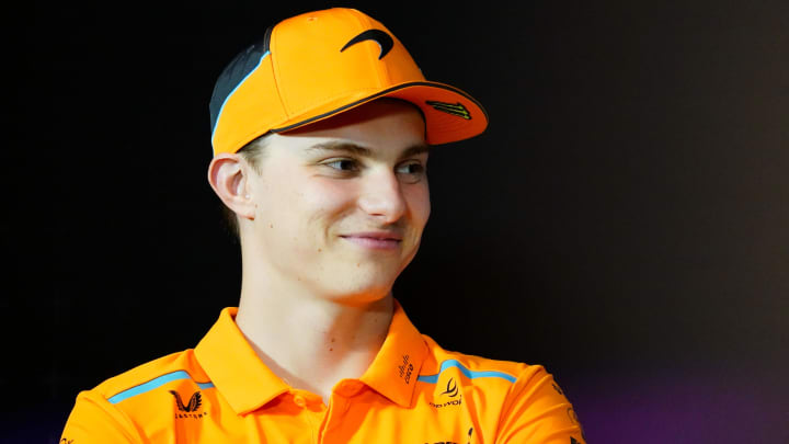 May 2, 2024; Miami Gardens, Florida, USA;  McLaren driver Oscar Piastri (81) during a press conference in advance of the Miami Grand Prix at the Miami International Autodrome. Mandatory Credit: John David Mercer-USA TODAY Sports