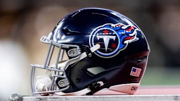 Aug 25, 2024; New Orleans, Louisiana, USA;  Detailed view of the Tennessee Titans helmet against the New Orleans Saints during the first half at Caesars Superdome. Mandatory Credit: Stephen Lew-Imagn Images