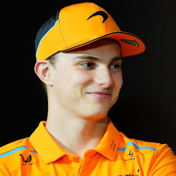 May 2, 2024; Miami Gardens, Florida, USA;  McLaren driver Oscar Piastri (81) during a press conference in advance of the Miami Grand Prix at the Miami International Autodrome. Mandatory Credit: John David Mercer-Imagn Images