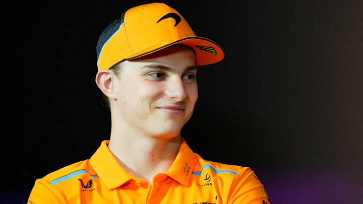 May 2, 2024; Miami Gardens, Florida, USA;  McLaren driver Oscar Piastri (81) during a press conference in advance of the Miami Grand Prix at the Miami International Autodrome. Mandatory Credit: John David Mercer-Imagn Images