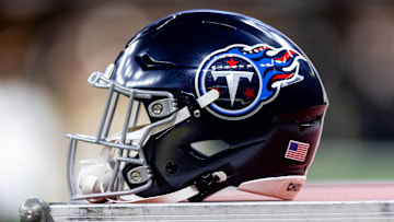 Aug 25, 2024; New Orleans, Louisiana, USA;  Detailed view of the Tennessee Titans helmet against the New Orleans Saints during the first half at Caesars Superdome. Mandatory Credit: Stephen Lew-Imagn Images