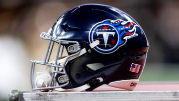 Aug 25, 2024; New Orleans, Louisiana, USA;  Detailed view of the Tennessee Titans helmet against the New Orleans Saints during the first half at Caesars Superdome.