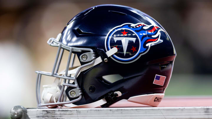 Aug 25, 2024; New Orleans, Louisiana, USA;  Detailed view of the Tennessee Titans helmet against the New Orleans Saints during the first half at Caesars Superdome.