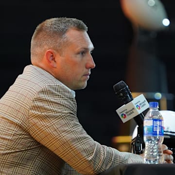 Jul 8, 2025; Frisco, TX, USA; Arizona State head coach Kenny Dillingham addresses the media during 2025 Big 12 Football Media Days at The Star. Mandatory Credit: Raymond Carlin III-Imagn Images
