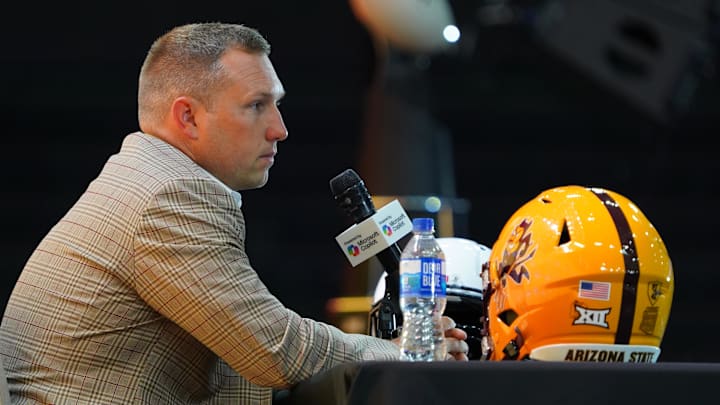 Jul 8, 2025; Frisco, TX, USA; Arizona State head coach Kenny Dillingham addresses the media during 2025 Big 12 Football Media Days at The Star. Mandatory Credit: Raymond Carlin III-Imagn Images