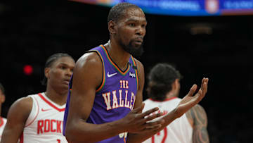 Mar 30, 2025; Phoenix, Arizona, USA; Phoenix Suns forward Kevin Durant (35) reacts after fouling a Houston Rockets player in the first half at Footprint Center. Mandatory Credit: Rick Scuteri-Imagn Images