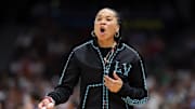 Apr 6, 2025; Tampa, FL, USA; South Carolina Gamecocks head coach Dawn Staley reacts during the first half of the national championship of the women's 2025 NCAA tournament against the Connecticut Huskies at Amalie Arena. Mandatory Credit: Nathan Ray Seebeck-Imagn Images