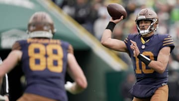 Green Bay Packers quarterback Jordan Love (10) throws a pass to tight end Luke Musgrave (88) during the fourth quarter of their game against the Carolina Panthers Sunday, November 2, 2025 at Lambeau Field in Green Bay, Wisconsin.