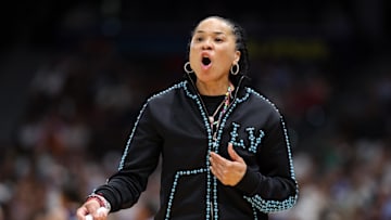 South Carolina Gamecocks head coach Dawn Staley reacts during the first half of the national championship of the women's 2025 NCAA tournament against the Connecticut Huskies.
