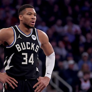 Jan 12, 2025; New York, New York, USA; Milwaukee Bucks forward Giannis Antetokounmpo (34) reacts during the first quarter against the New York Knicks at Madison Square Garden. Mandatory Credit: Brad Penner-Imagn Images