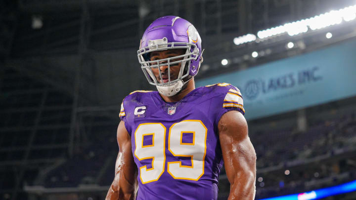 Nov 27, 2023; Minneapolis, Minnesota, USA; Minnesota Vikings linebacker Danielle Hunter (99) warms up before the game against the Chicago Bears at U.S. Bank Stadium. Mandatory Credit: Brad Rempel-USA TODAY Sports